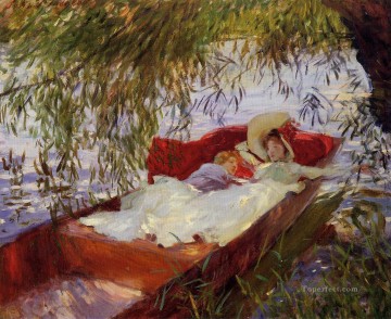 Dormidas Pintura - Dos mujeres dormidas en una batea bajo los sauces John Singer Sargent